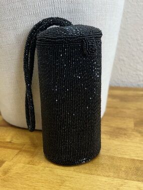 Vintage Beaded Cylinder Vanity Case Wristlet Black Mirror Lid
